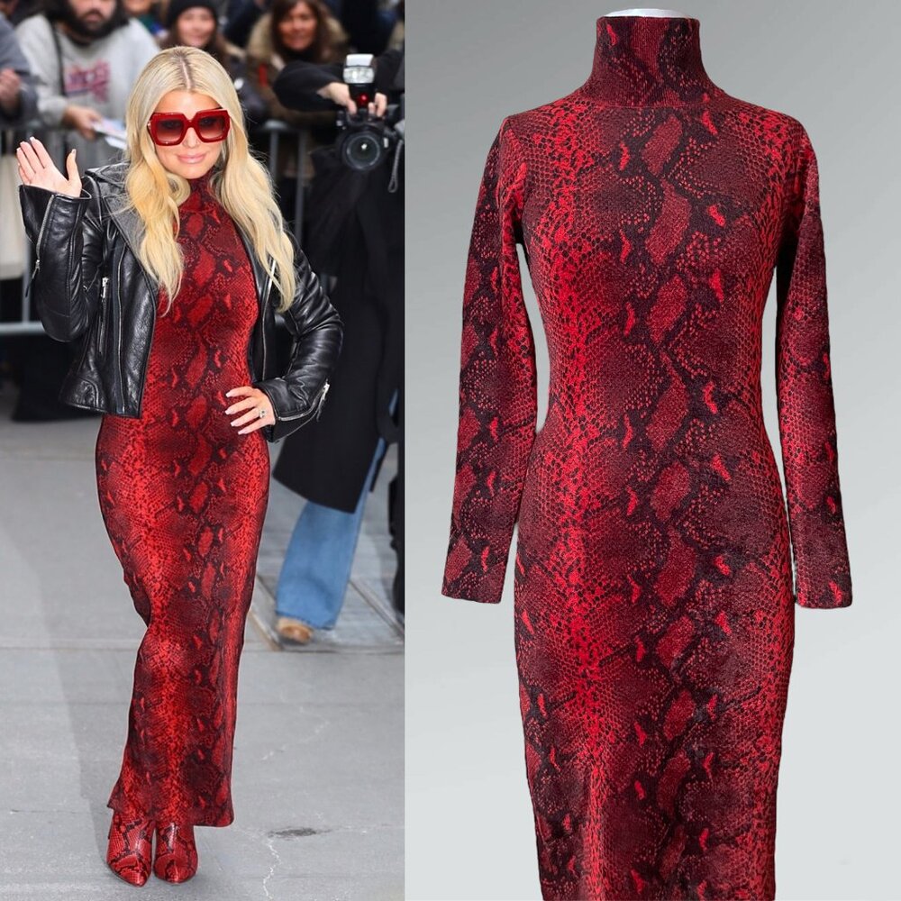ALEXANDER WANG Snake Print Chenille Bodycon Turtleneck Maxi Designer Dress